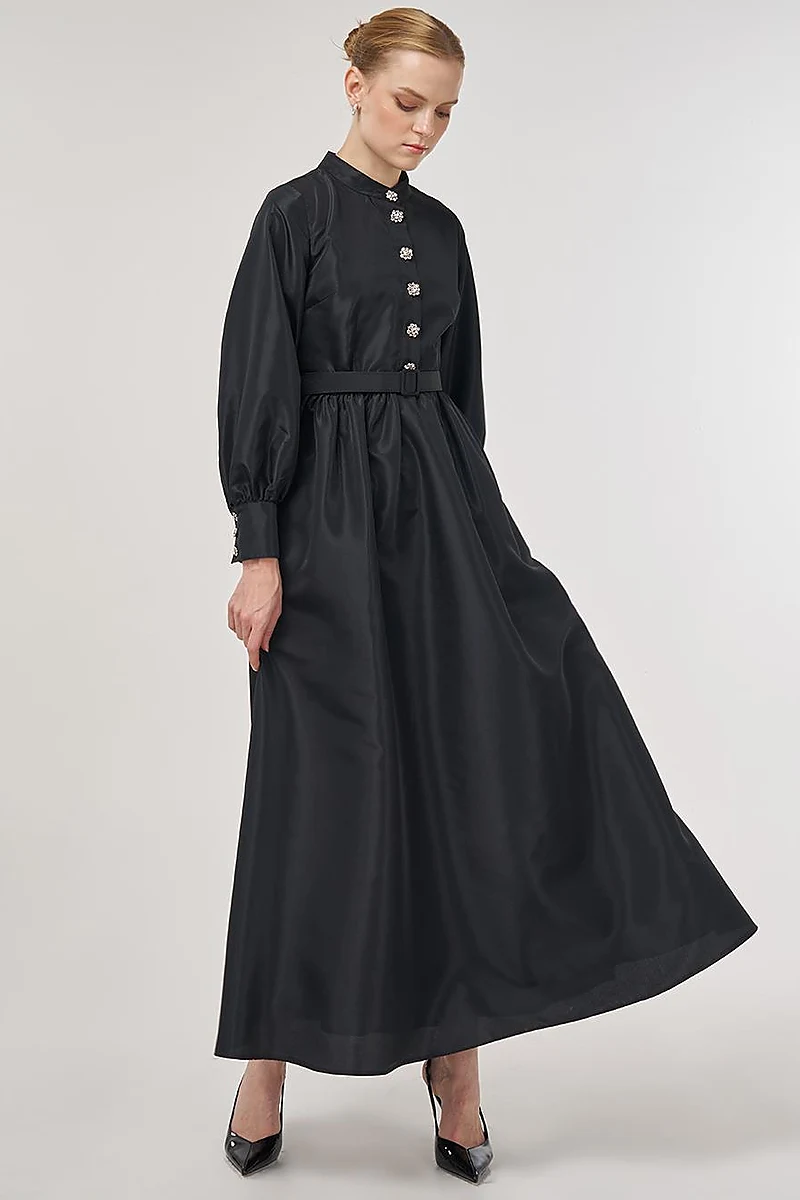 Belted Taffeta Dress Black