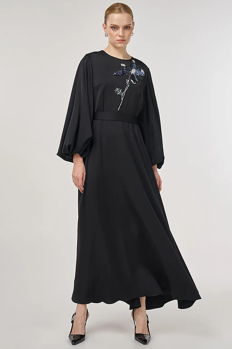 Sequin Embroidered Satin Dress Black 