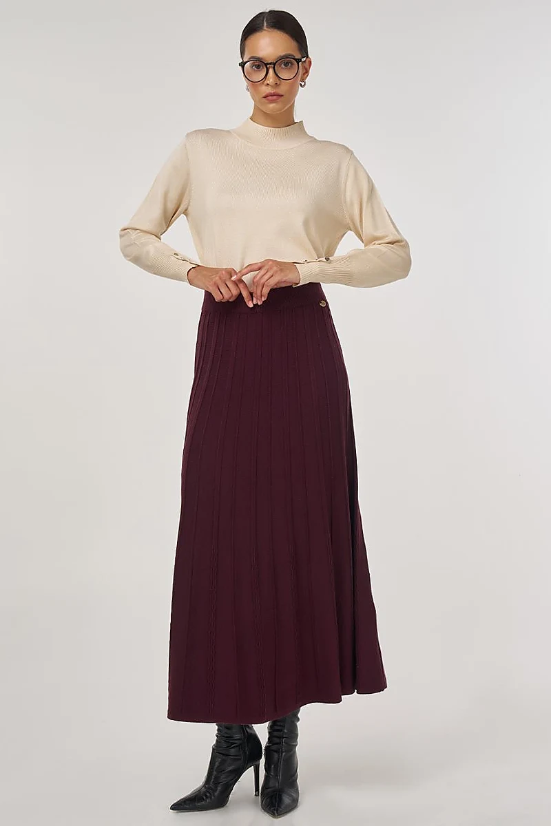 High Waist Viscose Knit Skirt Burgundy