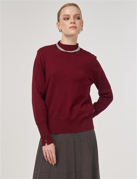 Mock Neck Basic Knit Sweater Dark Burgundy 