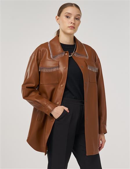 Faux Leather Jacket with Dangling Detail in Brown