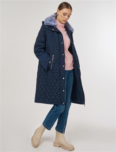 Kürk Detaylı Anorak Mont Lacivert