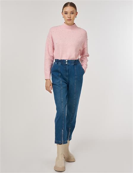 Fermuar Detaylı Denim Pantolon Lacivert