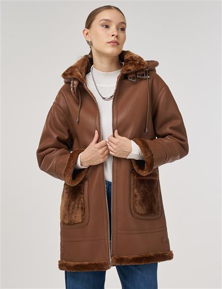 Belted Faux Leather Coat Dark Camel 