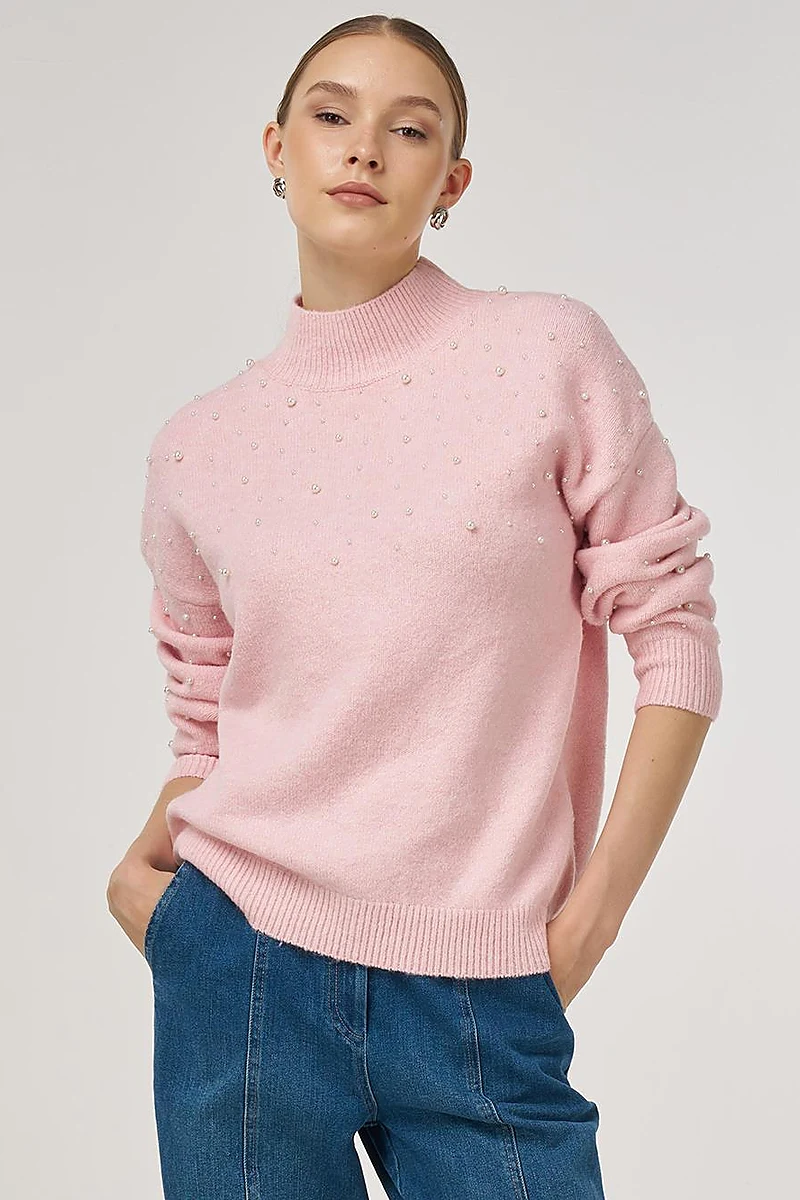 Pearl-Embellished Wool-Blend Knit Sweater Powder Pink 