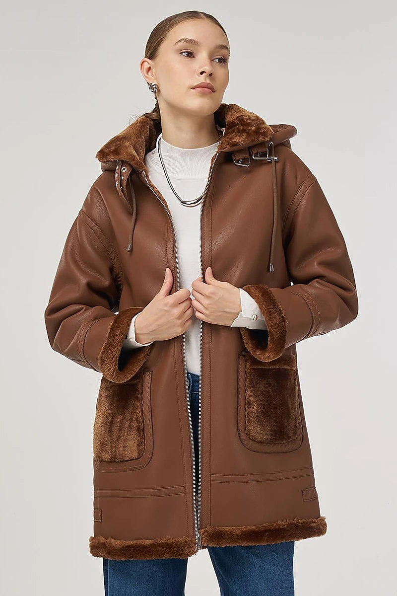 Belted Faux Leather Coat Dark Camel 