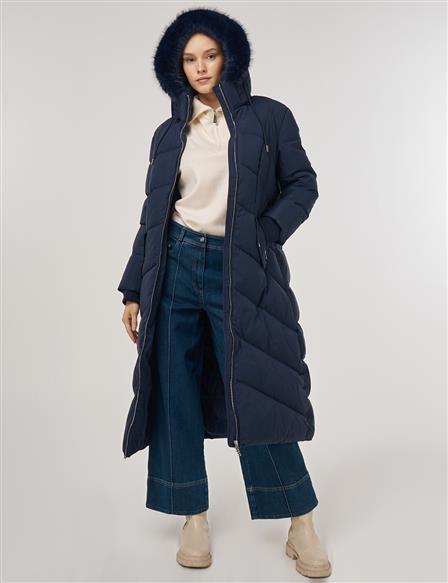 Faux Fur Detailed Anorak Coat in Navy 