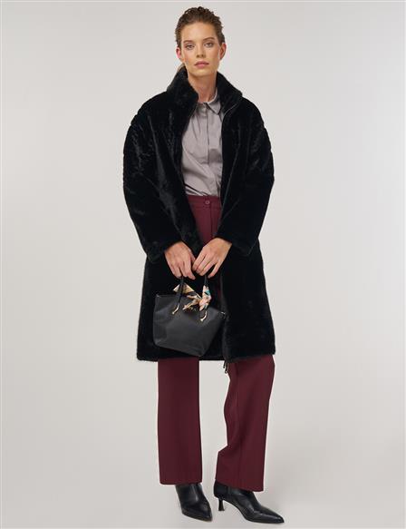 Black Plush Coat with Stand Collar