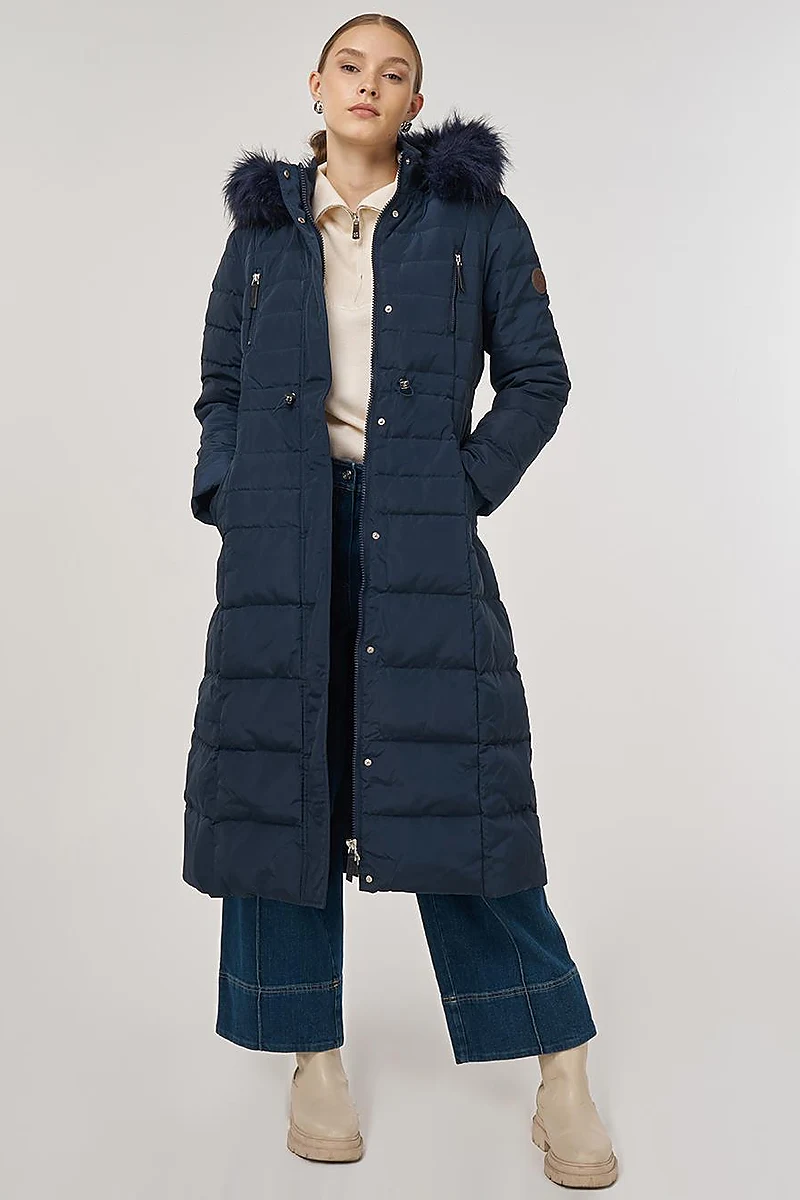 Drawstring Waist Goose Down Padded Coat Navy 