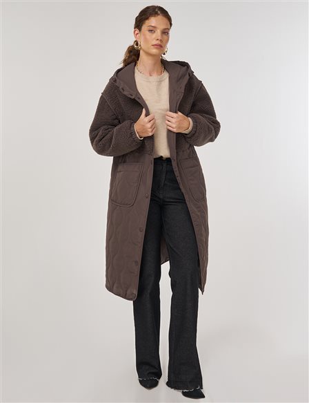 Peluş Detaylı Anorak Mont Kahve 