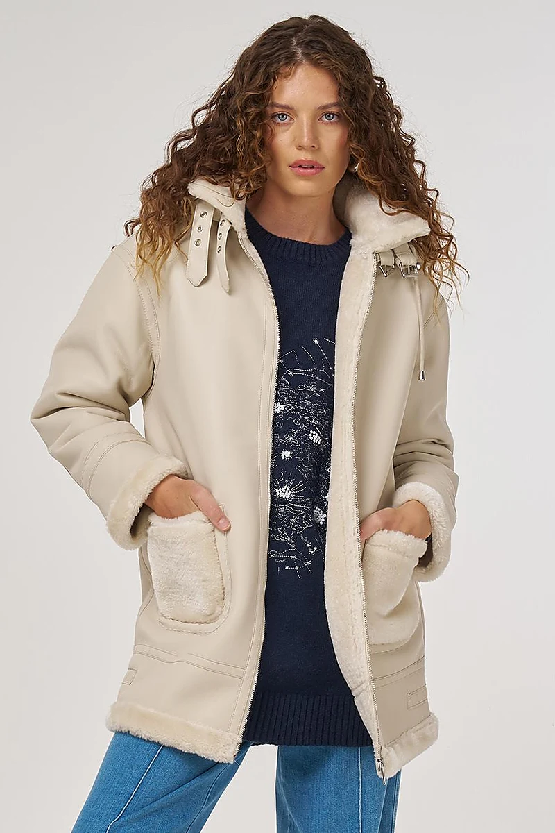 Belted Faux Leather Coat Cream