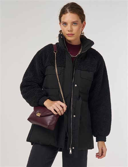 Pocket-Detail Plush Coat Black