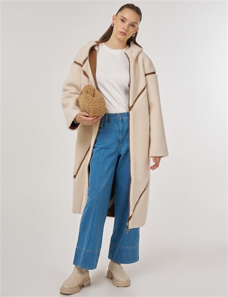 Şerit Detaylı Peluş Kaban Camel 