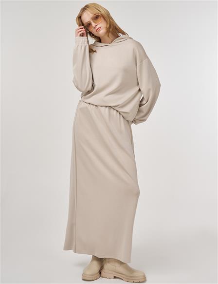 Hooded Skirted Two-Piece Suit in Beige