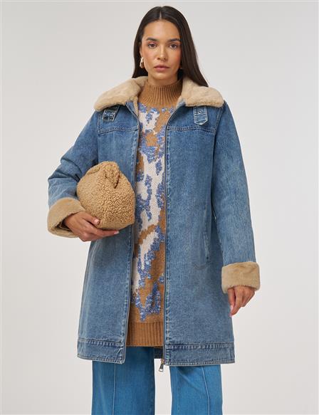 Kürk Yakalı Denim Mont Mavi