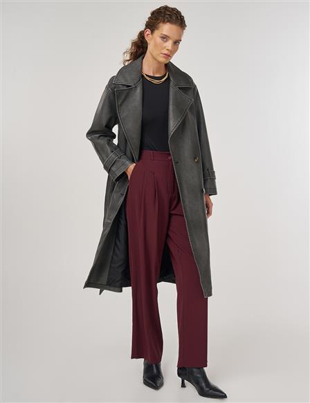 Faux Leather Trench Coat with Epaulet Details Black 