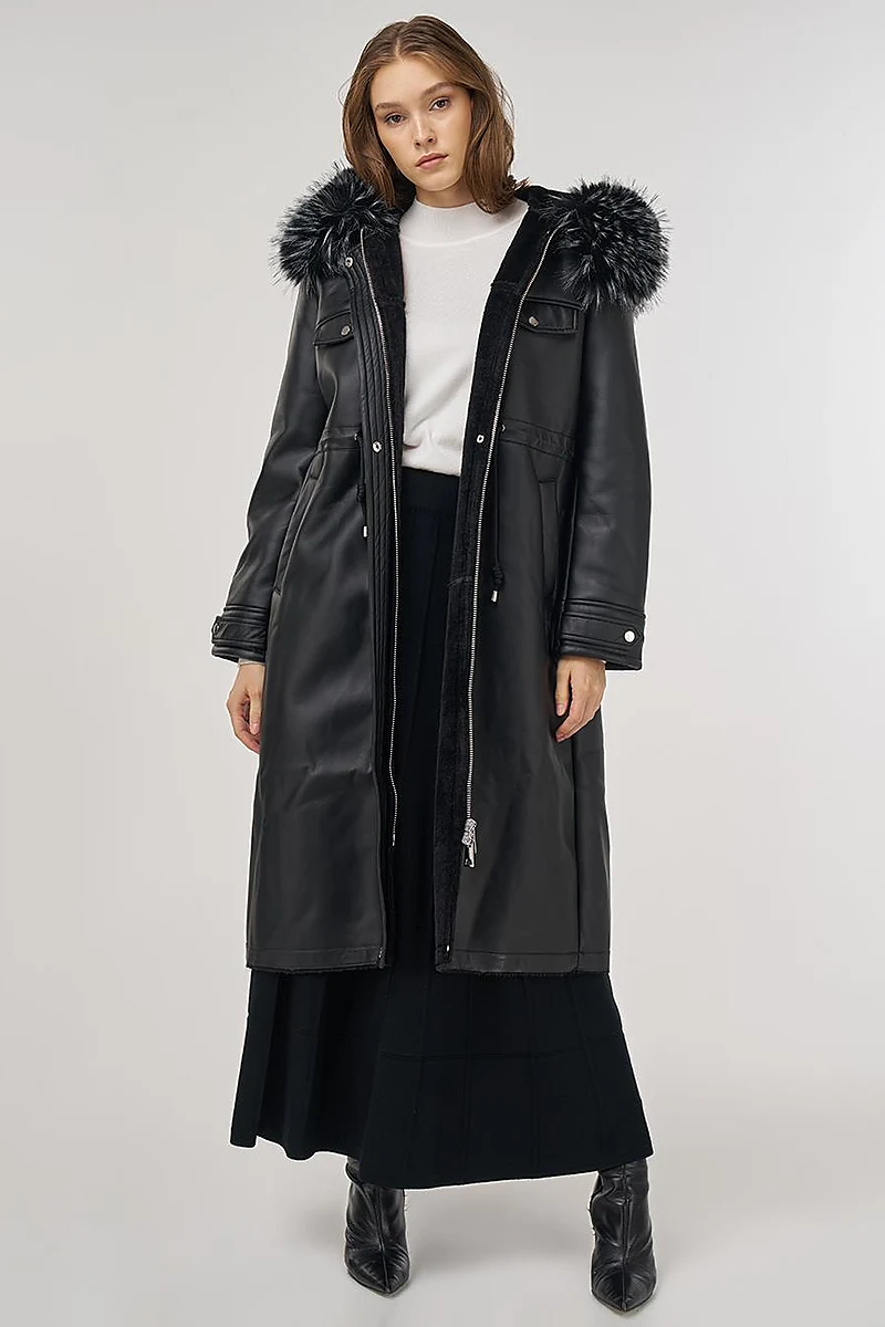 Faux Fur Detailed Faux Leather Jacket Black