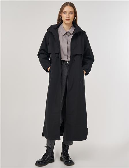 Drawstring Waist Stand-Up Collar Parka Black