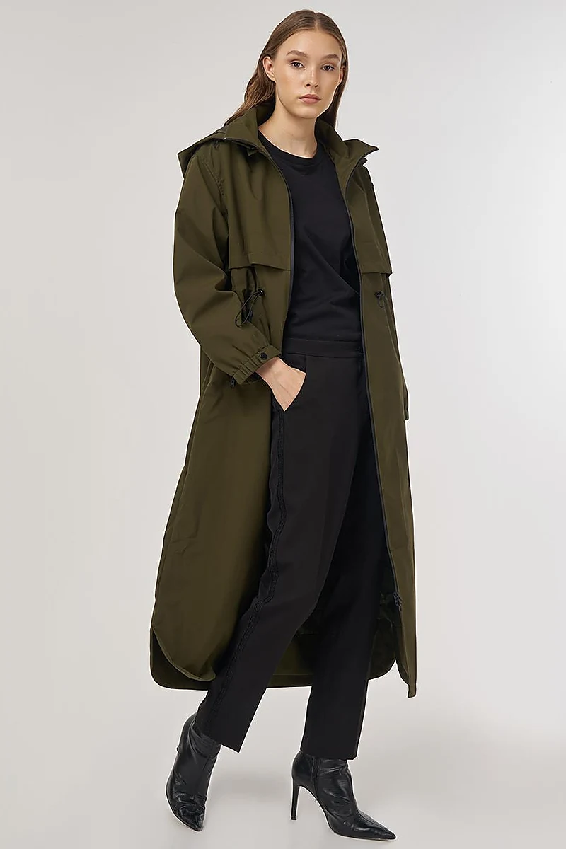 Drawstring Waist Stand-Up Collar Parka Khaki