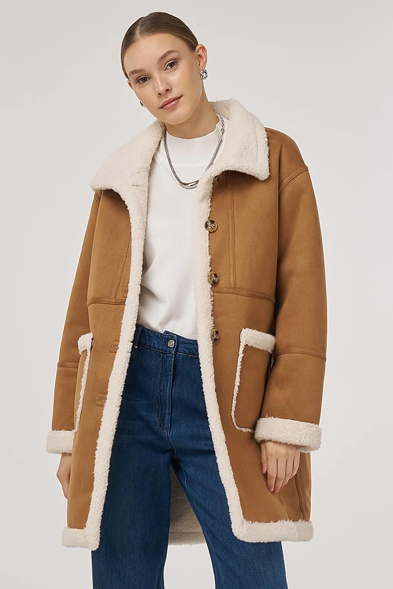 Patch Pocket Suede Coat Camel