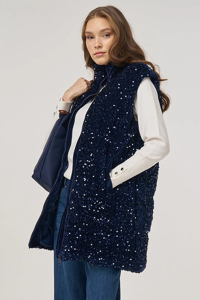 Sequin-Embroidered Puffer Vest Dark Navy