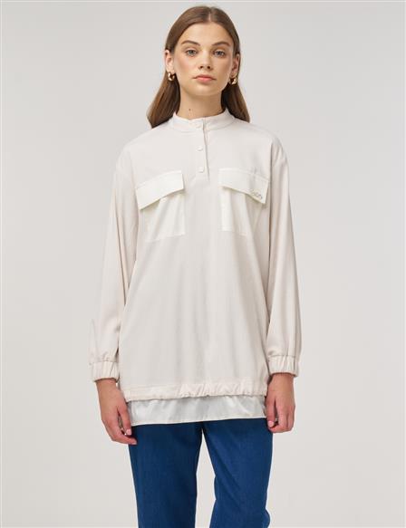 Çift Cepli Kadife Sweatshirt Krem