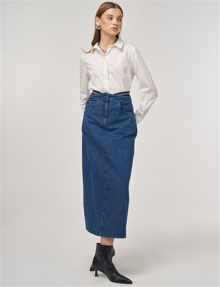 Bel Bantlı Denim Etek İndigo 