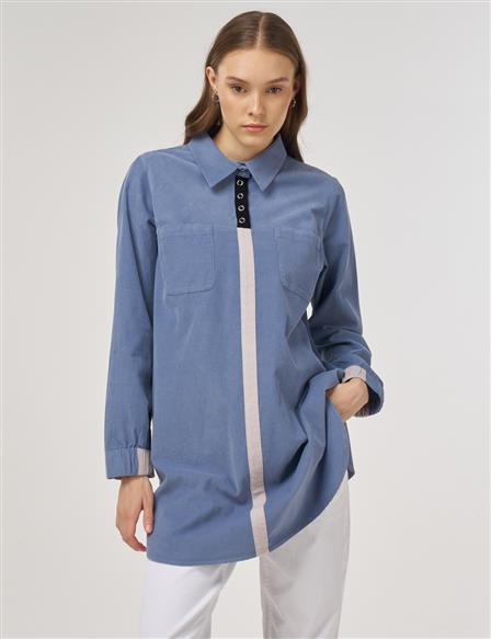 Corduroy Tunic with Shirt Collar Indigo 