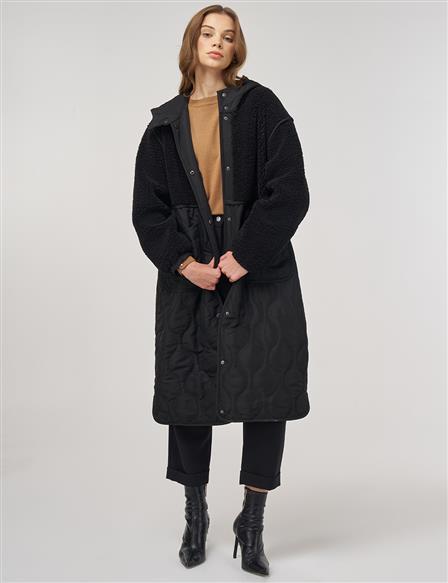 Peluş Detaylı Anorak Mont Siyah 