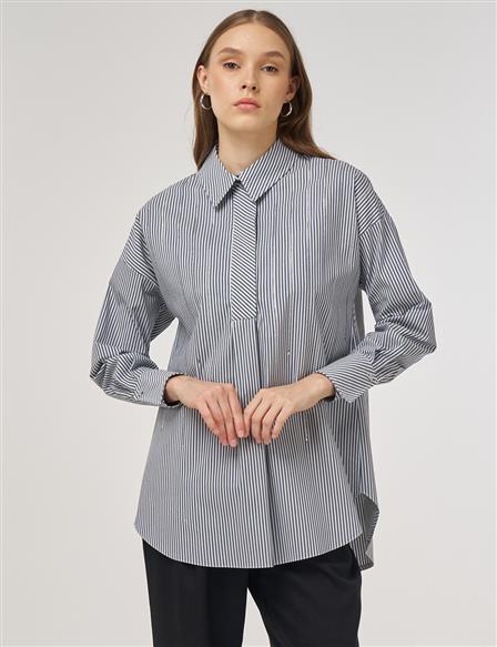 Striped Pattern Cotton Tunic Navy