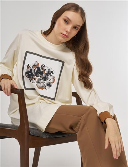 Graphic Printed Rayon Sweatshirt Ecru