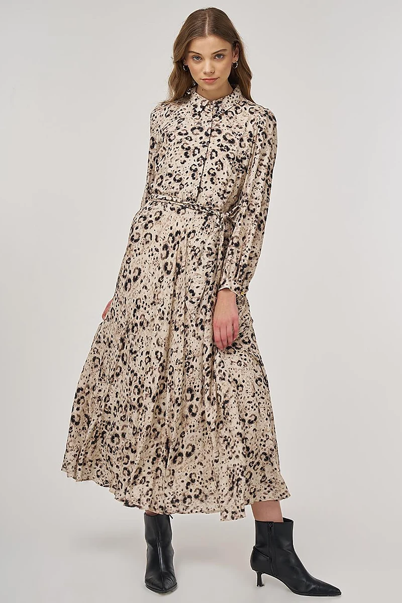 Leopard Print Pleated Dress Cream