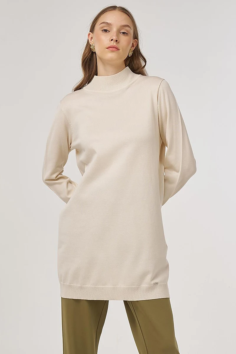Turtleneck Basic Viscose Knit Tunic Cream
