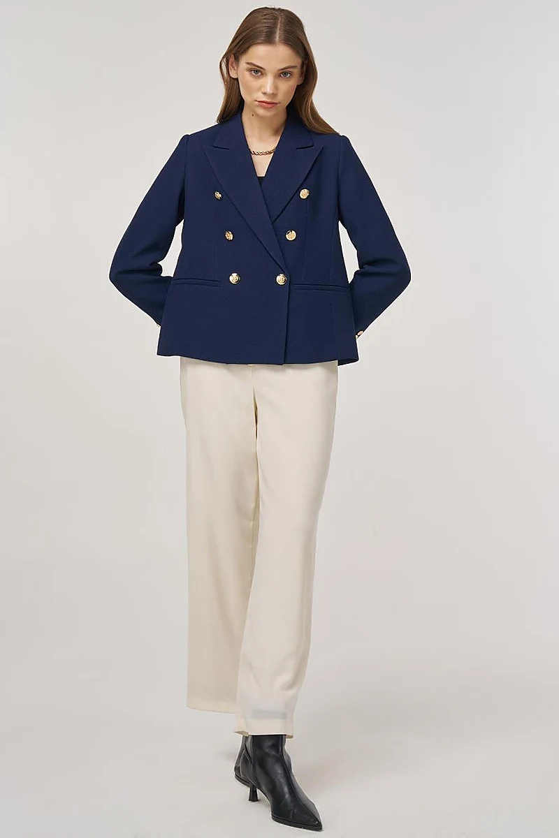 Gold Buttoned Blazer Jacket in Dark Navy 