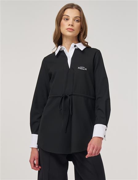 Drawstring Detail Viscose Tunic Black