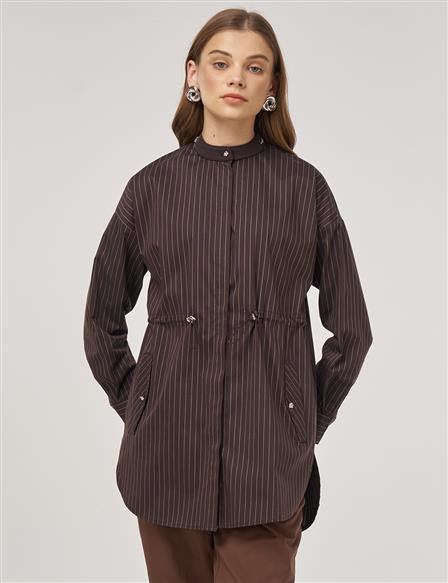 Mandarin Collar Cotton Tunic Dark Brown
