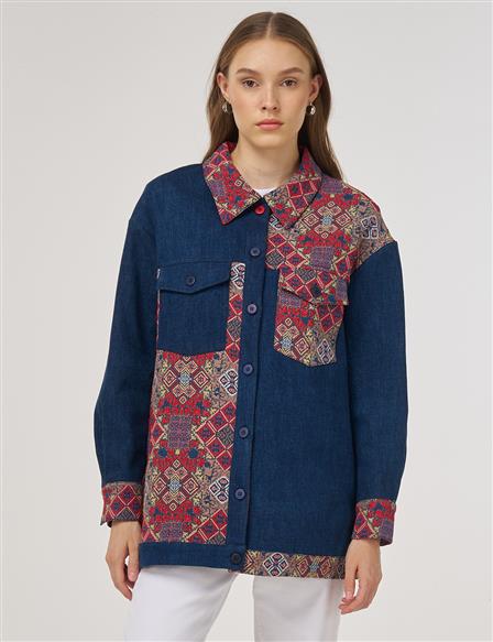 Desenli Denim Ceket İndigo 