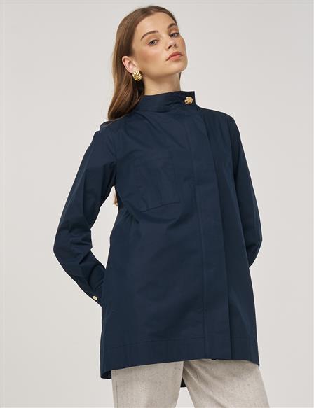 Shiny Buttoned Cotton Tunic Dark Navy 