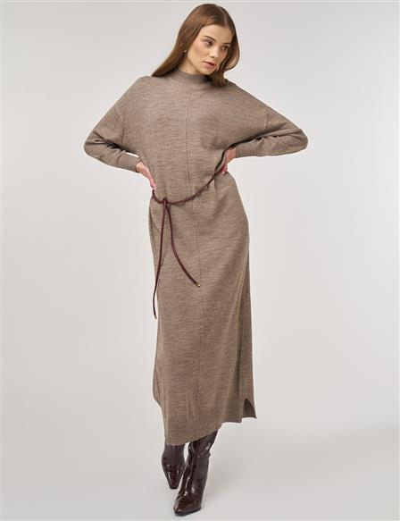 Knit Dress with Stitching Details in Beige