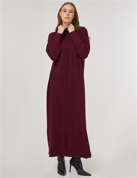 Knit Dress with Stitching Details in Burgundy
