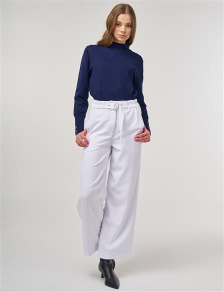 Metal Buckle Detailed High Waist Pants Optic White