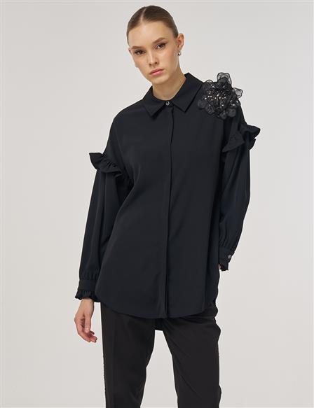 Ruffle-Detail Elegant Tunic Black