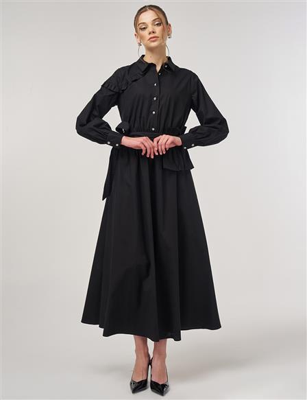 Ruffle-Detail Cotton Dress Black