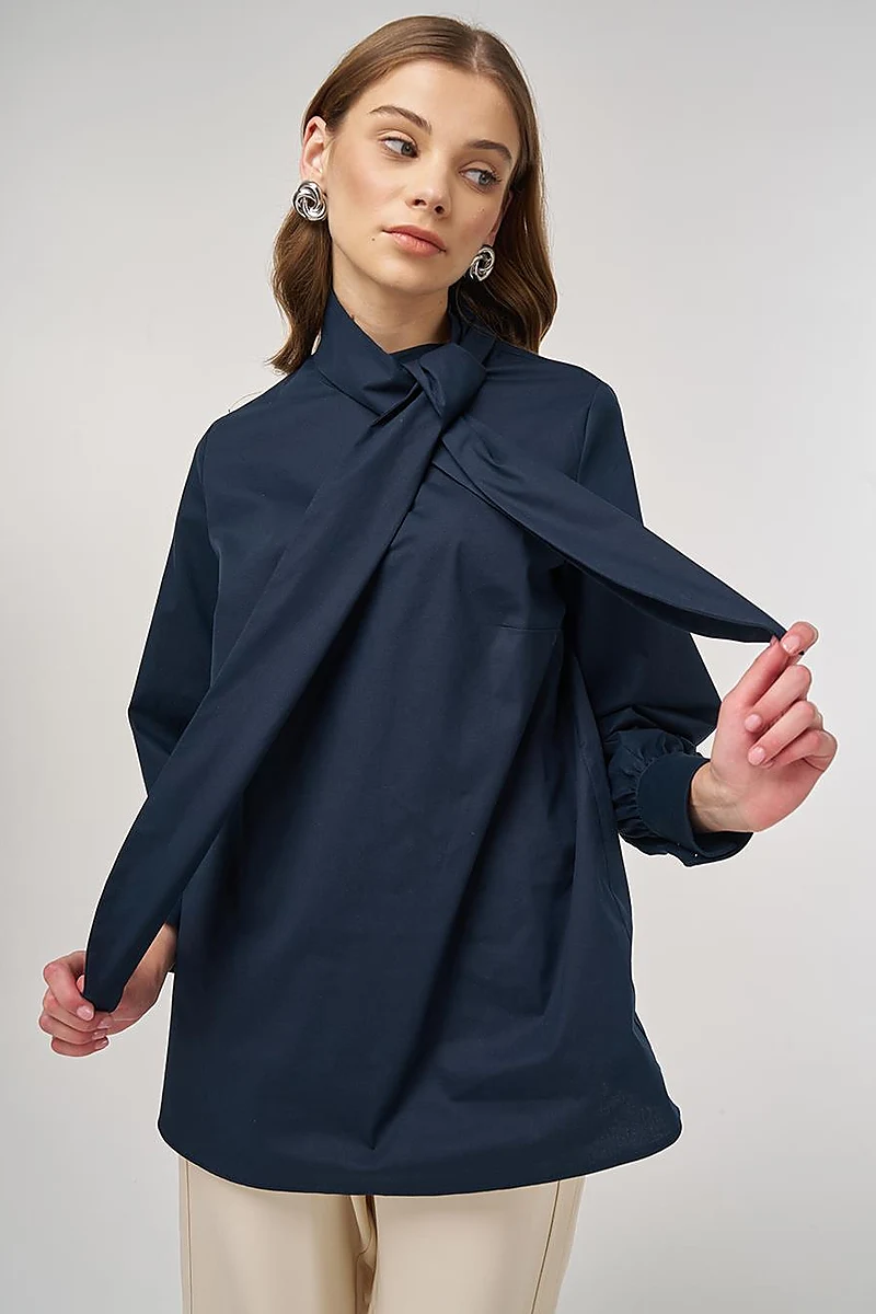 Collar-Detail Cotton Tunic Dark Navy 