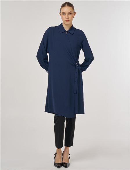 Metal-Buckle Long Tunic Dark Navy