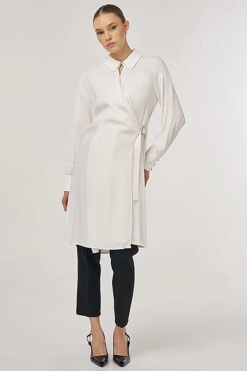Metal-Buckle Long Tunic Ecru