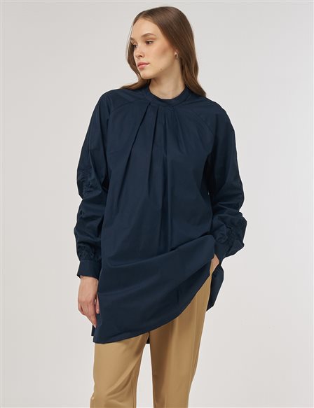 Pleat-Detail Cotton Tunic Dark Navy 
