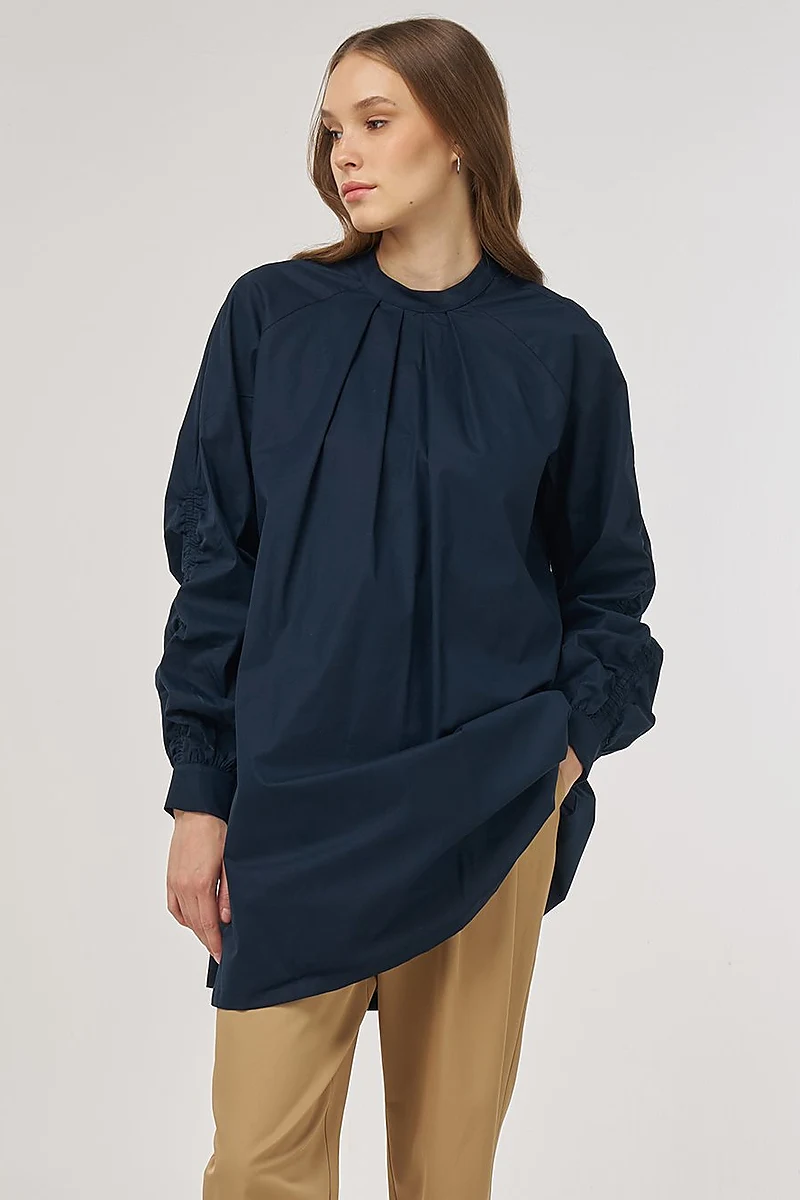 Pleat-Detail Cotton Tunic Dark Navy 
