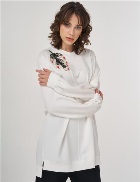Embroidered Scuba Sweatshirt in Ecru