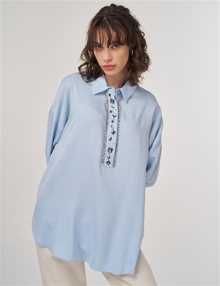 Elegant Stone-Embroidered Blouse in Ice Blue